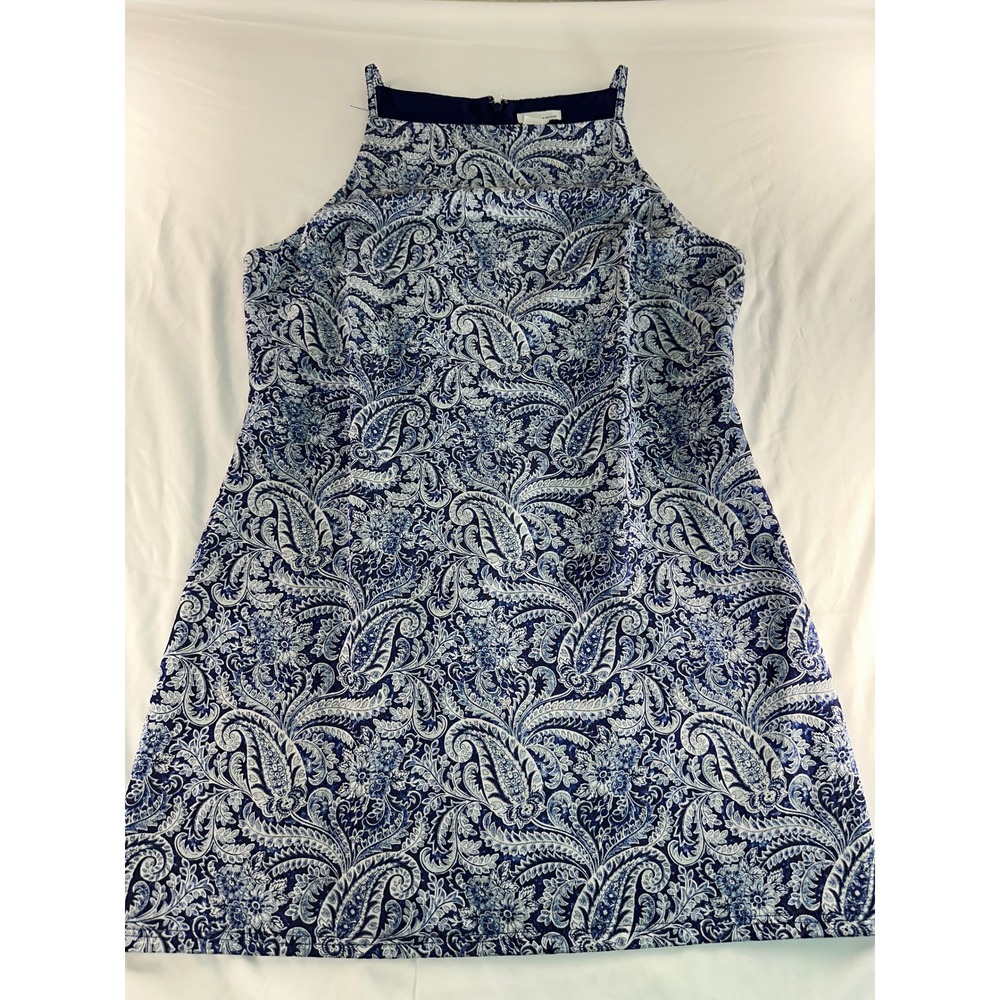HM Blue White Paisley Linen Blend Halter Neck Shift Mini Dress Womens Large
